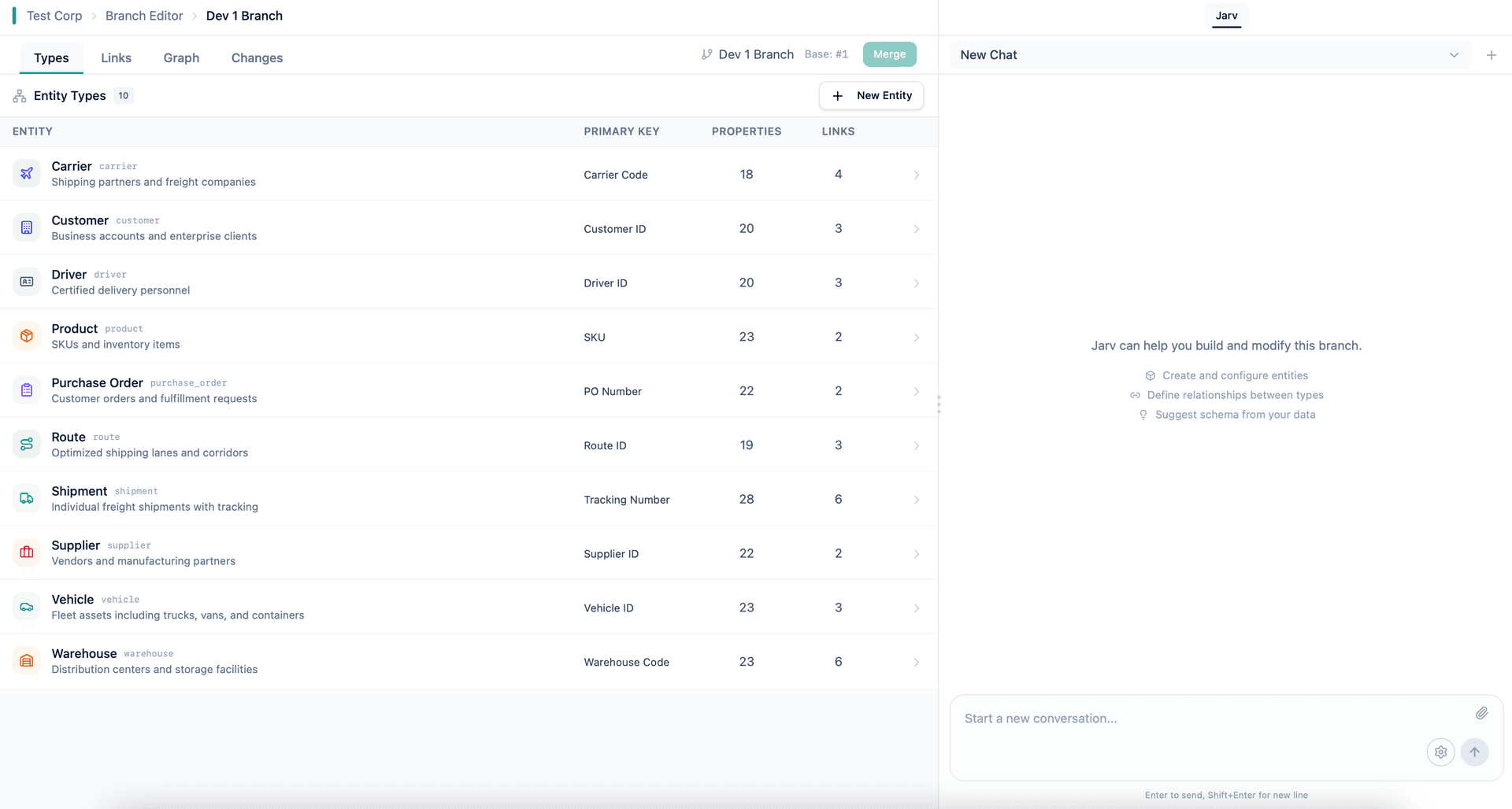 Agimus platform showing ontology editor with entity types