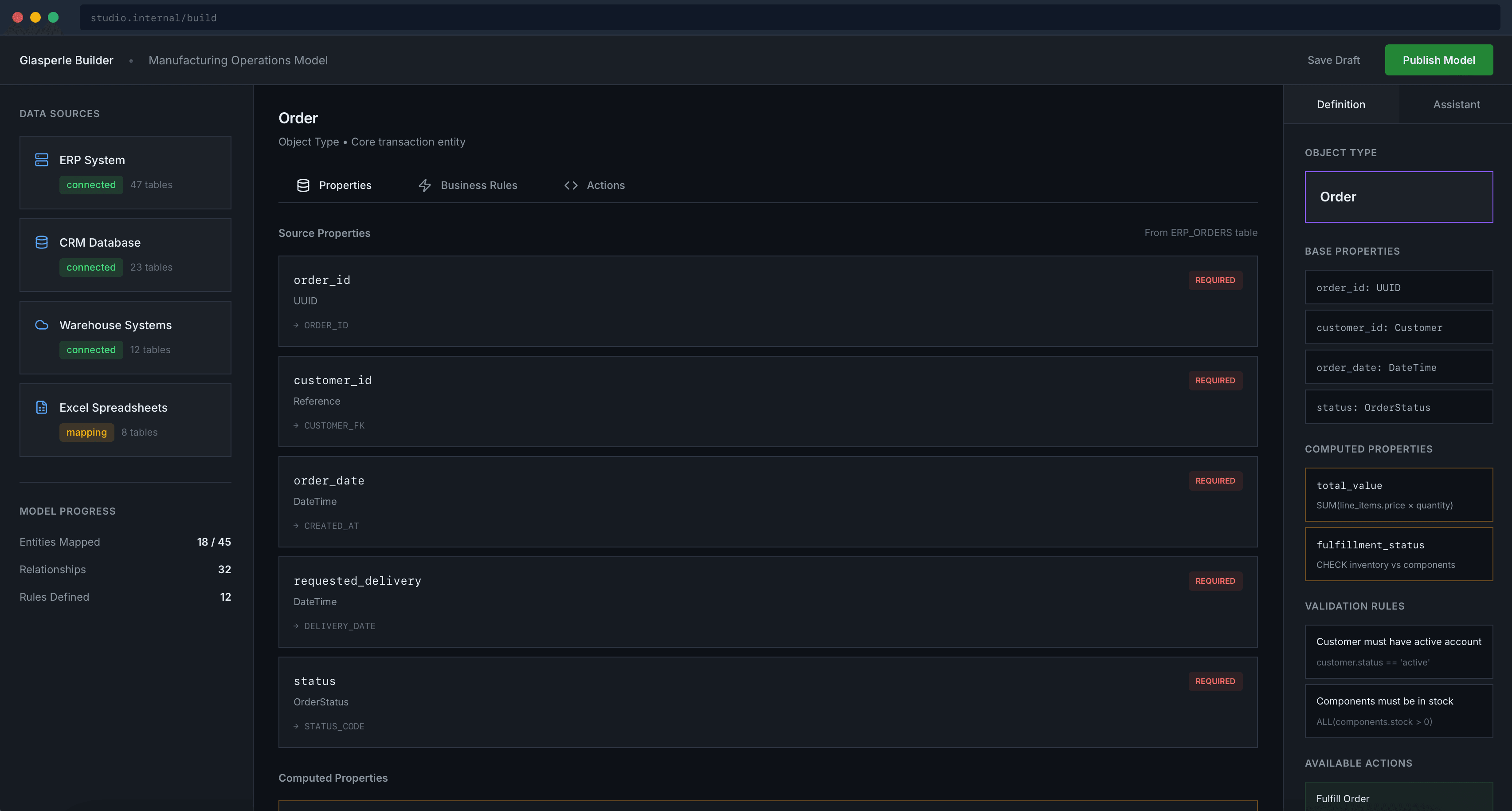 Agimus Context Layer Builder - Unified business data model interface showing entity relationships and business logic