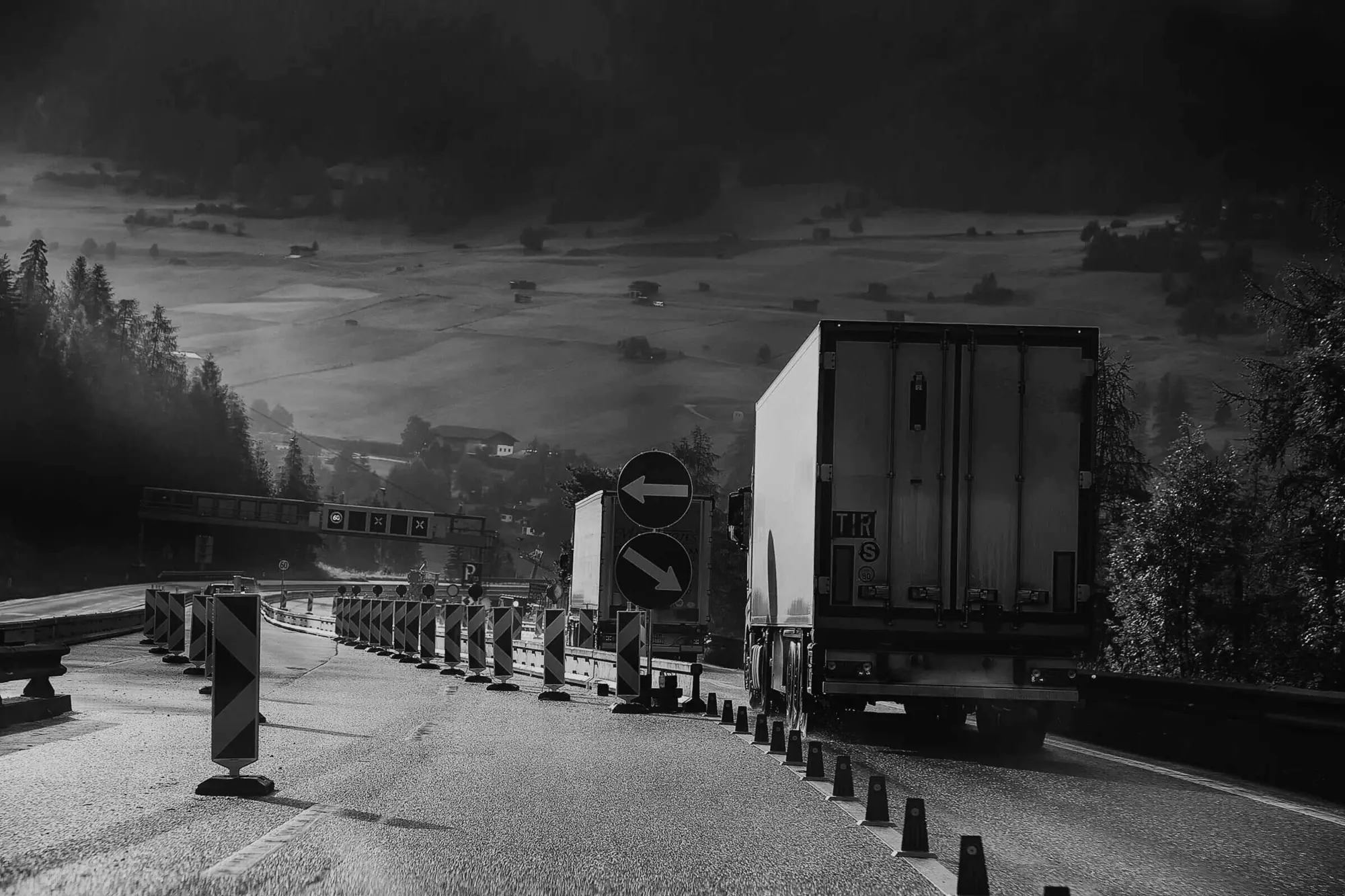 Tractor-trailers on the Brenner highway between Italy and Austria.